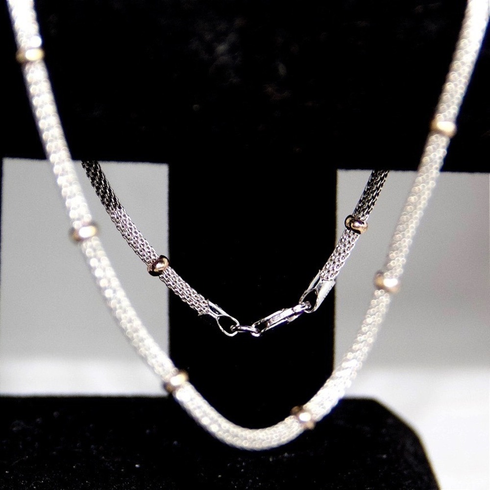 Sterling Silver Two Tone Mesh Popcorn Chain Necklace Gold Tone Bead Accents 16in - Picture 4 of 9